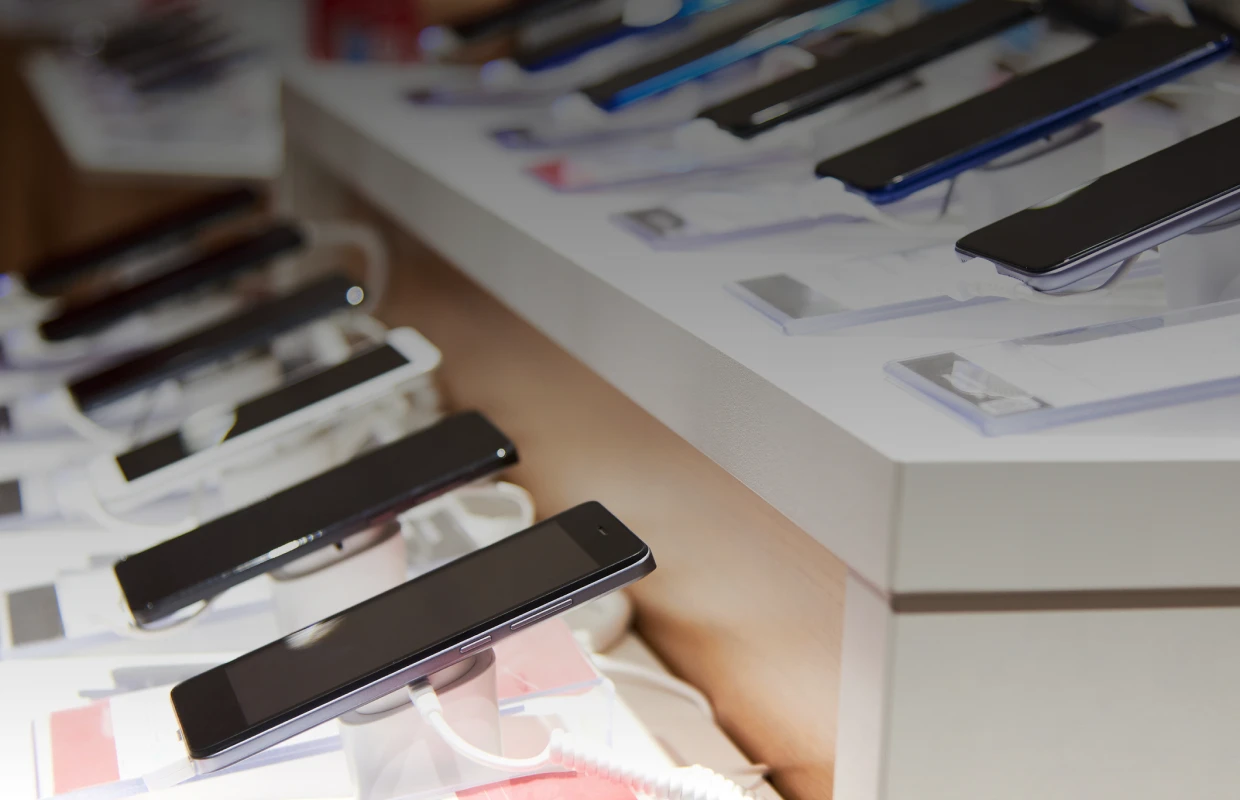 Smartphones displayed on store shelves